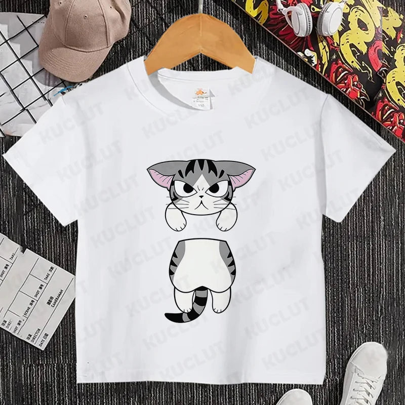 Camiseta con estampado de gato para niños y niñas, camiseta de dibujos animados, camiseta informal de manga corta, ropa cómoda y divertida para verano