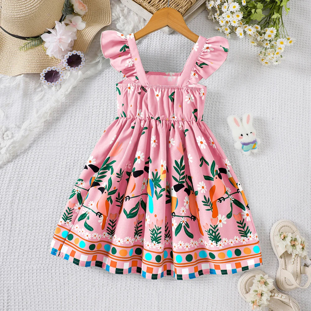 Vestido de verano para niña con estampado de plantas y mangas con mosca pequeña
