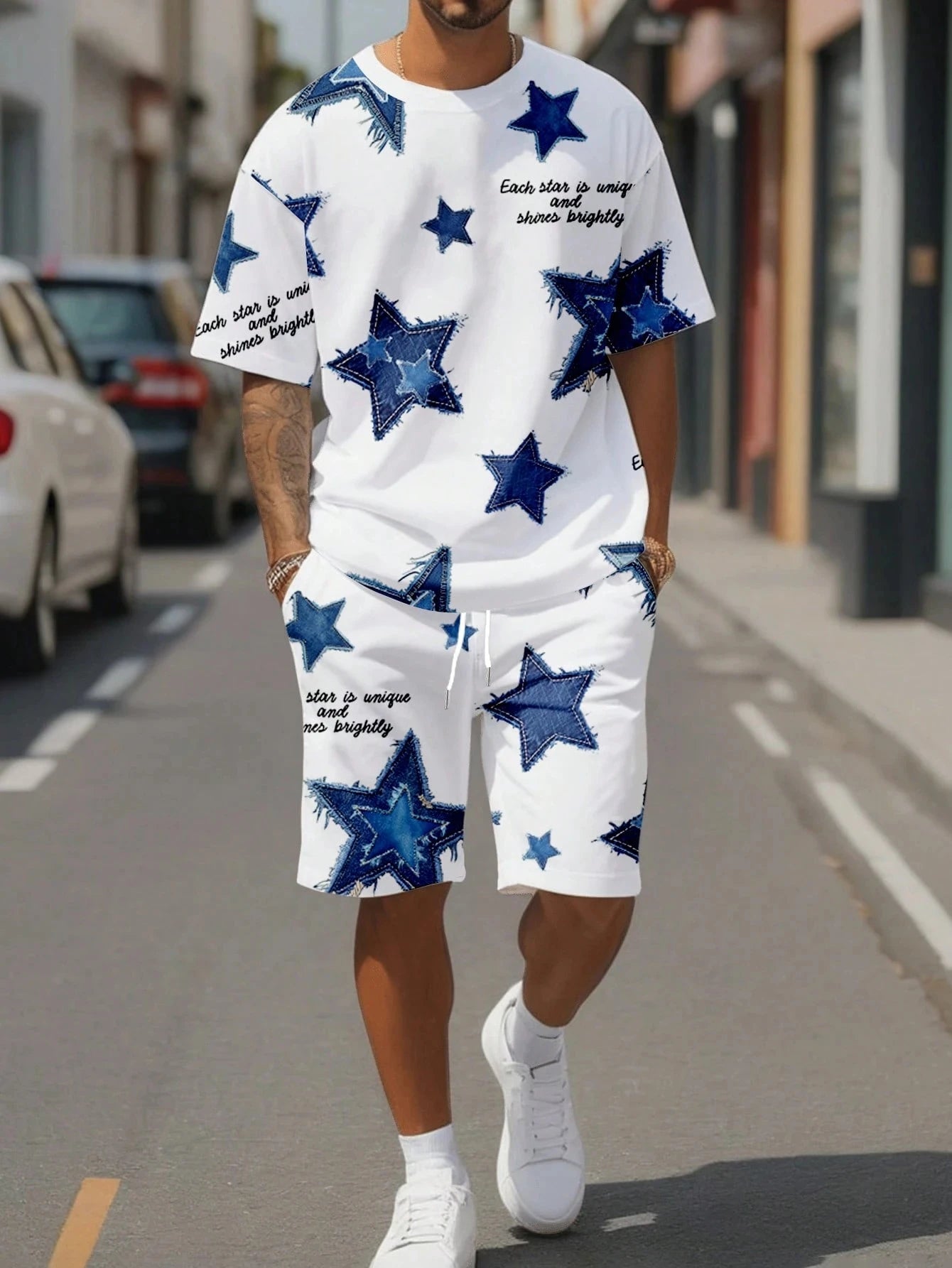 Conjunto de camiseta y pantalones cortos con estampado gráfico de flores en blanco y negro para hombre, conjunto de 2 piezas con cuello redondo, Top de manga corta, pantalones cortos con cintura elástica