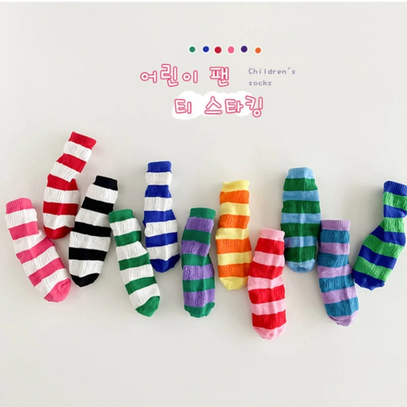 Horetong, 3 par/lote, calcetines de verano para niños de 1 a 12 años, calcetines de algodón a la moda para bebés, calcetines transpirables a rayas con contraste de colores