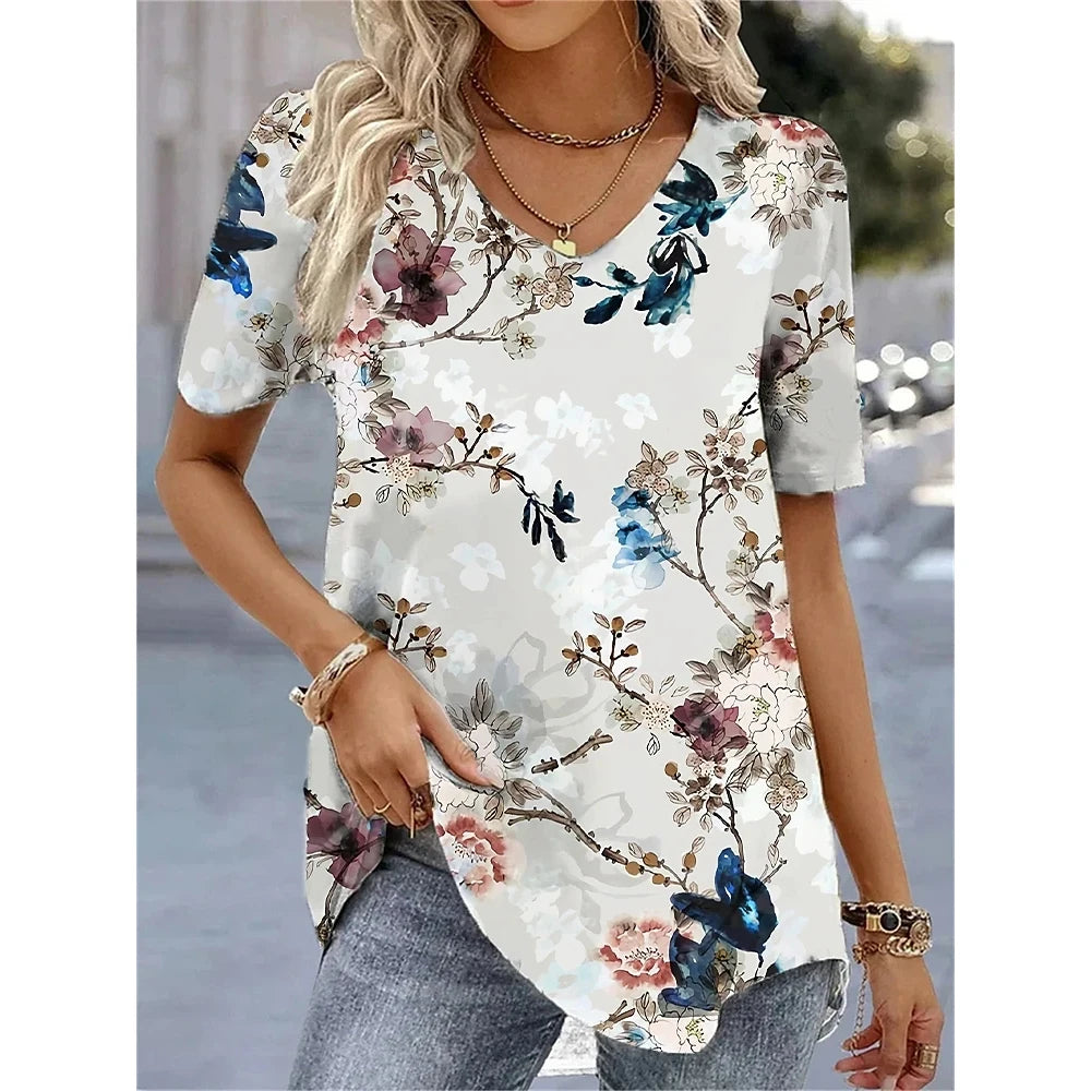 Camiseta con cuello en V para mujer, camiseta de manga corta con estampado 3D, camiseta informal holgada en blanco y negro, ropa de calle a la moda, jersey para mujer