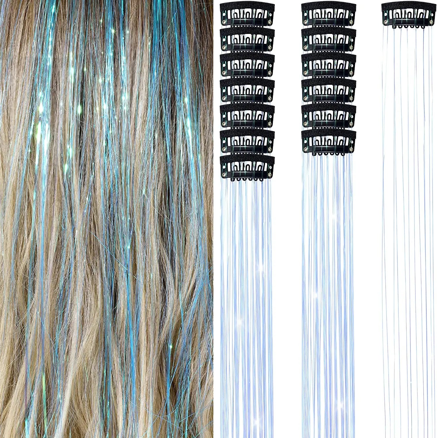 6 uds 50cm chispeantes pelo brillante oropel extensiones de cabello oropel extensiones de Clip de pelo sintético mujeres para tocado trenzado