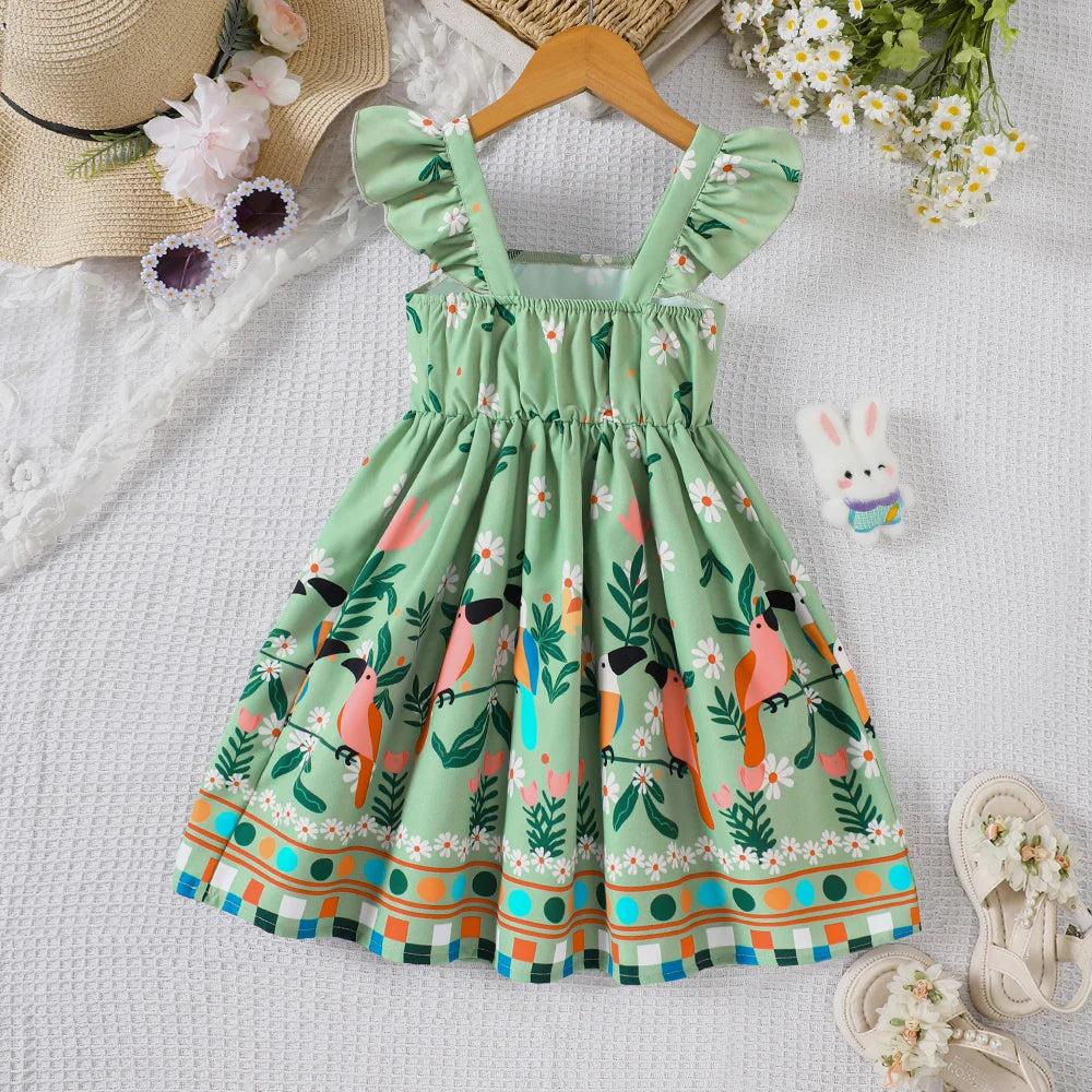 Vestido de verano para niña con estampado de plantas y mangas con mosca pequeña