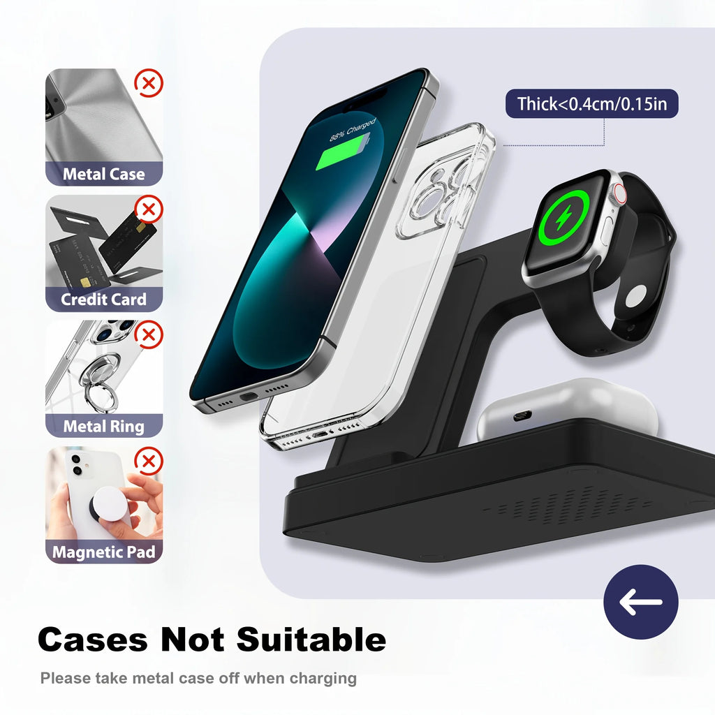 Soporte de cargador inalámbrico magnético 3 en 1, estación de carga rápida de 15W, múltiples dispositivos para iPhone 15 14 13 8 Apple Watch Airpods