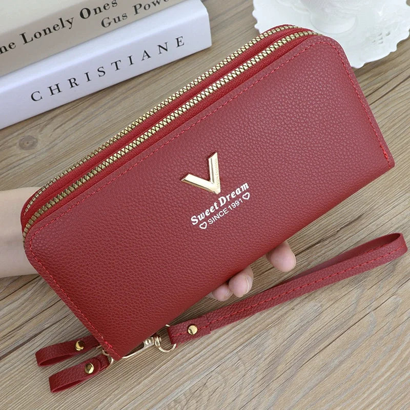 Cartera larga con doble cremallera para mujer, tarjetero de gran capacidad de cuero PU, bolso de mano con bolsillo para teléfono