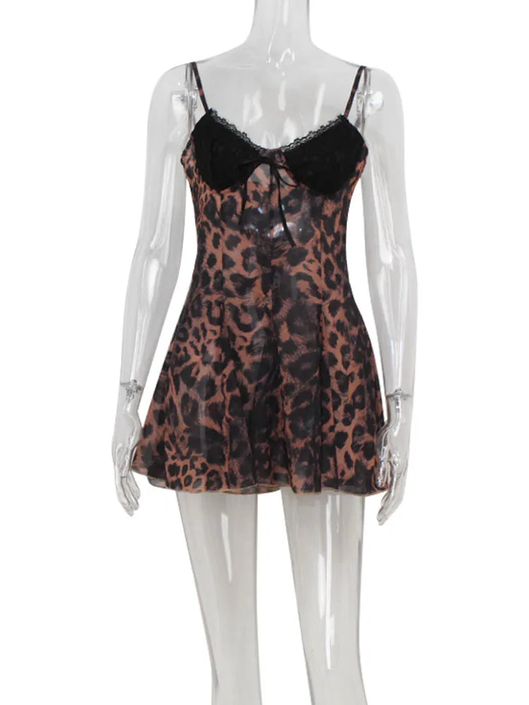 Ahagaga-Mini Vestidos sexis de leopardo para mujer, camisola sin mangas con cuello en V, lazos de encaje ajustados, ropa de calle sin espalda, Vestidos ceñidos