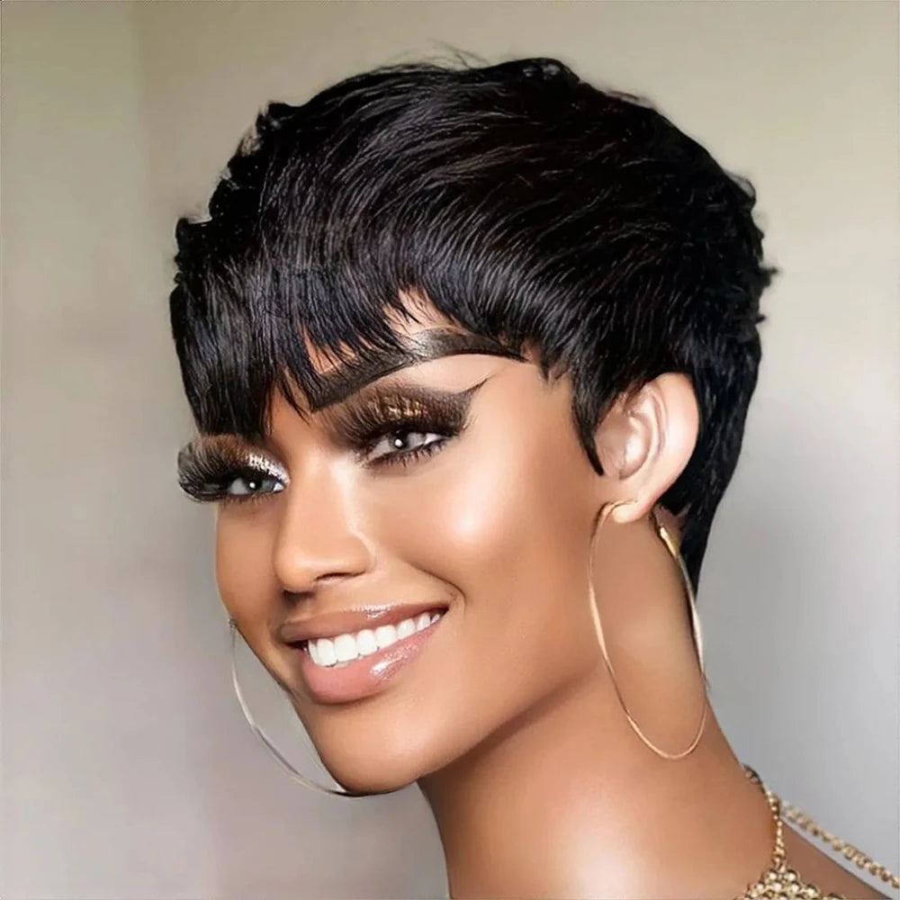 Peluca corta de corte Pixie, cabello humano para mujeres negras, pelucas hechas a máquina con flequillo, peluca corta, pelucas de cabello humano