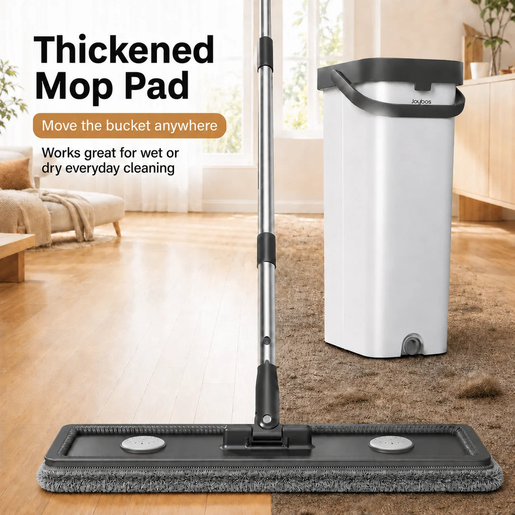 Juego de fregona plana y cubo Joybos con escurridor manos libres, sistema de limpieza de suelos de doble cámara de 13 pulgadas para lavado y secado, 360 °   Cabezal giratorio para madera dura/baldosas, incluye 2 almohadilla