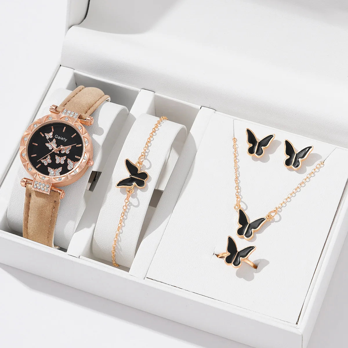 Conjunto de joyería de mariposa (sin caja), relojes para mujer, relojes de cuero para mujer, anillos, collar, pendientes, pulsera, regalo de boda