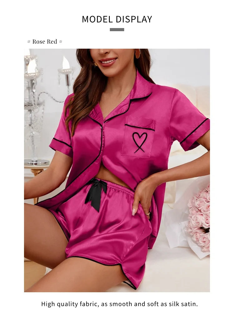 Conjunto de pijama para mujer, ropa de dormir con bolsillo bordado en forma de corazón, Top y pantalones cortos de manga corta con botones, pijama, ropa para el hogar
