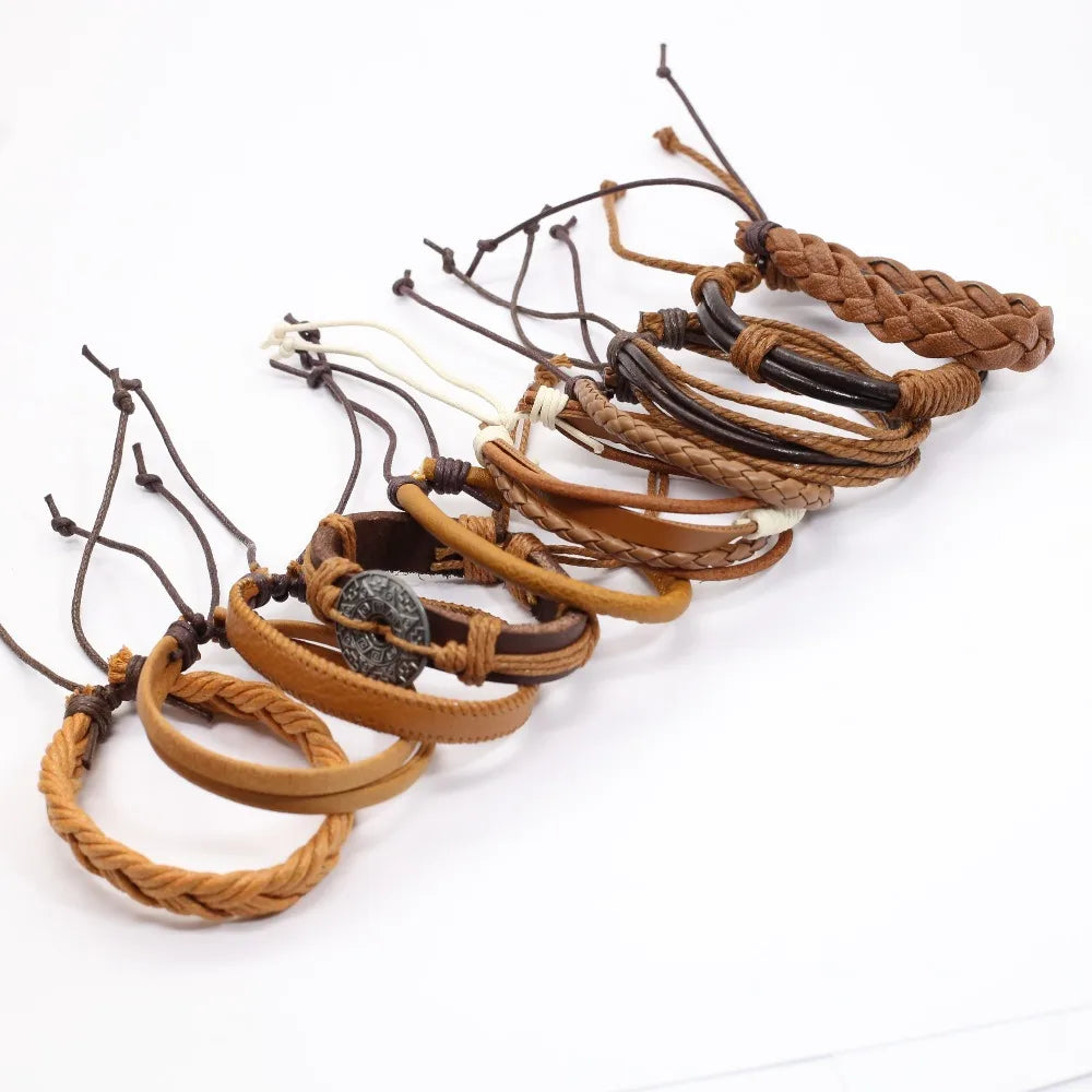 Juego de 10 Pulseras de Cuero Trenzado Negras, Hechas a Mano, para Hombre y Mujer, Pulseras de Moda, Joyería al por Mayor, Regalo