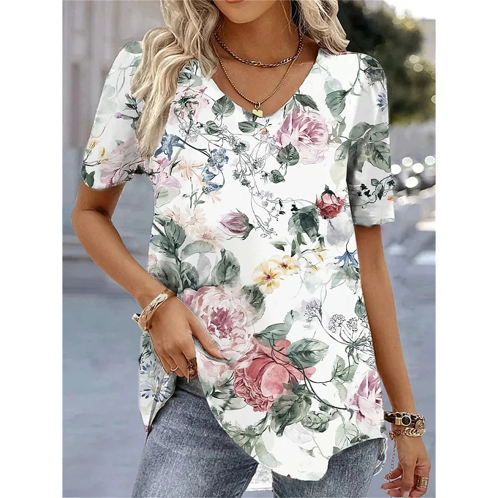 Camiseta con cuello en V para mujer, camiseta de manga corta con estampado 3D, camiseta informal holgada en blanco y negro, ropa de calle a la moda, jersey para mujer