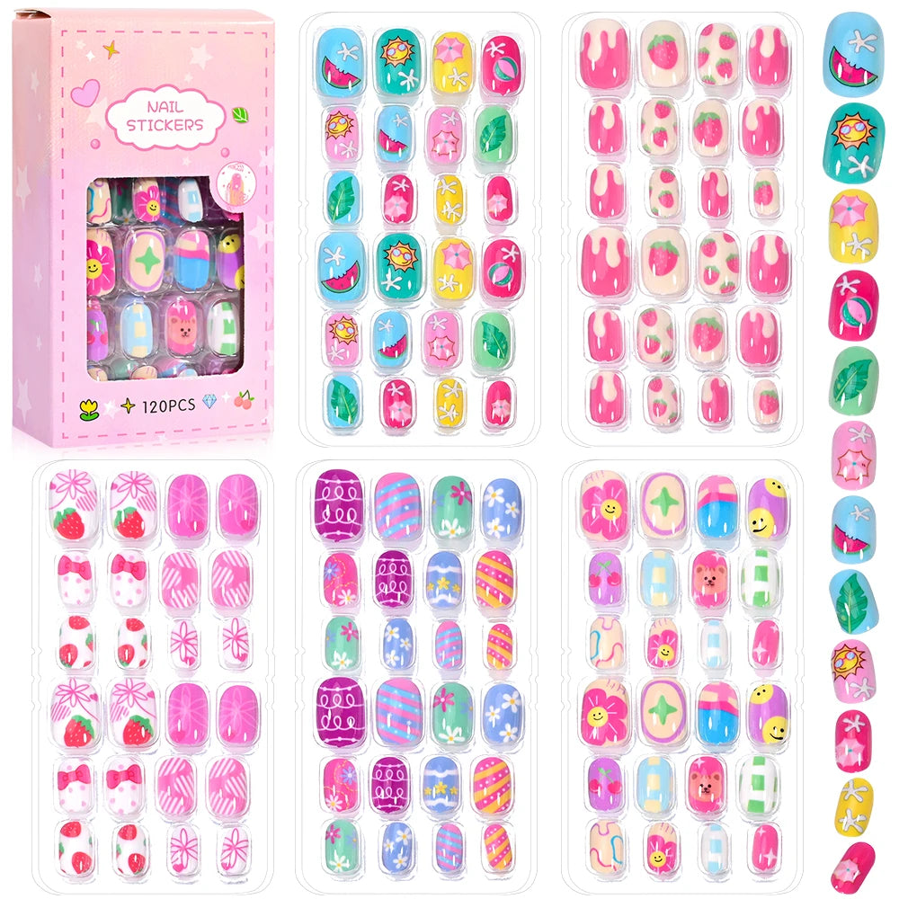 120 unids/set lindo dibujo en uñas Rosa degradado fresa princesa amor corazón estrellas puntas de uñas decoraciones de uñas para niñas