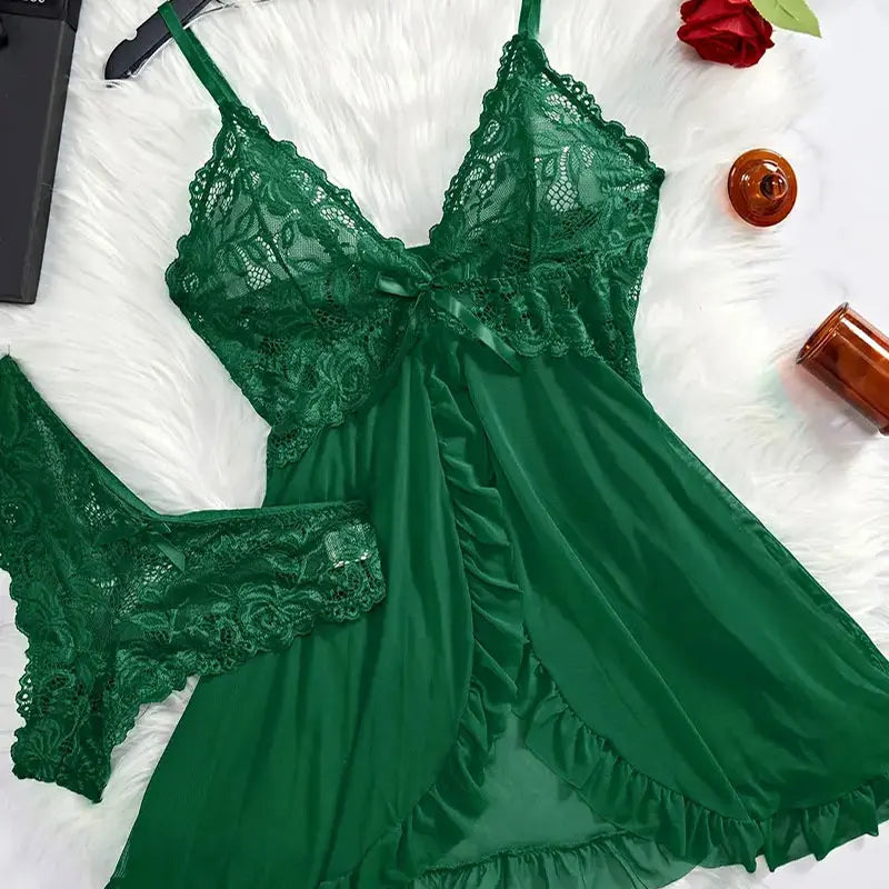 Conjunto de 2 uds de camisón de encaje para mujer, ropa de casa exquisita, nuevo pijama verde para la noche, camisón transparente dividido, conjuntos de bragas con sujetador con cuello en V