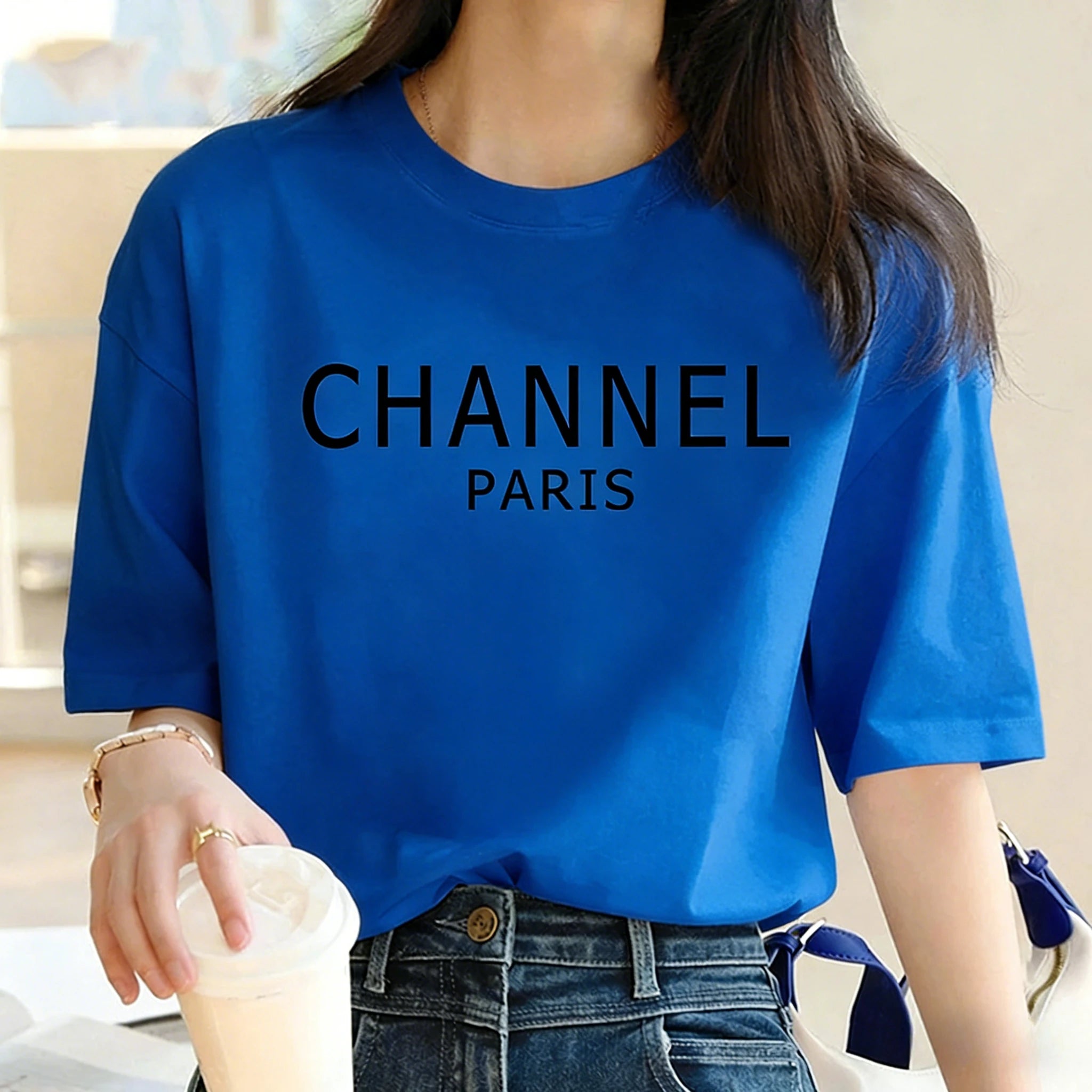 Camiseta de Marca de Lujo, Lavable a Máquina, Informal, Elegante, con Estampado Gráfico de CHANNEL, Cuello Redondo, Manga Corta, Ropa de Mujer