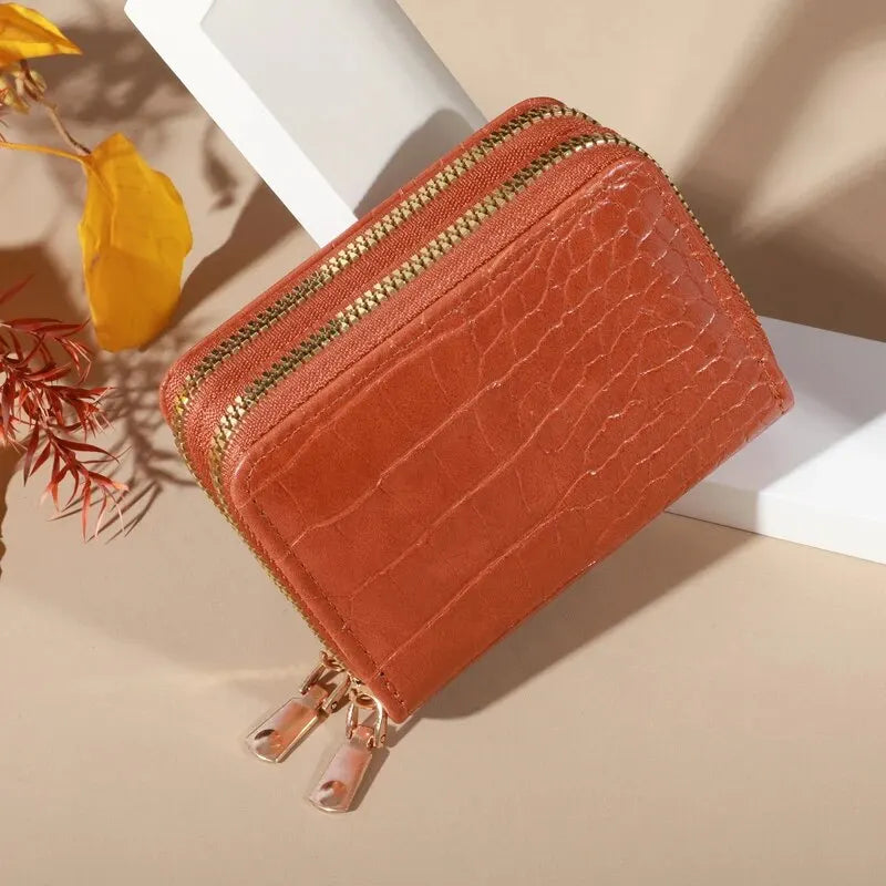 Cartera elegante para mujer con múltiples tarjetas: bolso de mano seguro con doble cremallera |   Monedero casual de cuero PU con bolso de tarjeta de cocodrilo de almacenamiento de estilo