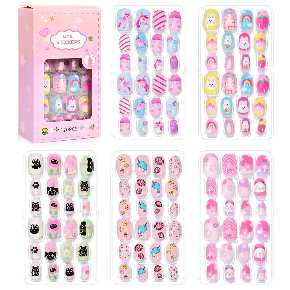 120 unids/set lindo dibujo en uñas Rosa degradado fresa princesa amor corazón estrellas puntas de uñas decoraciones de uñas para niñas
