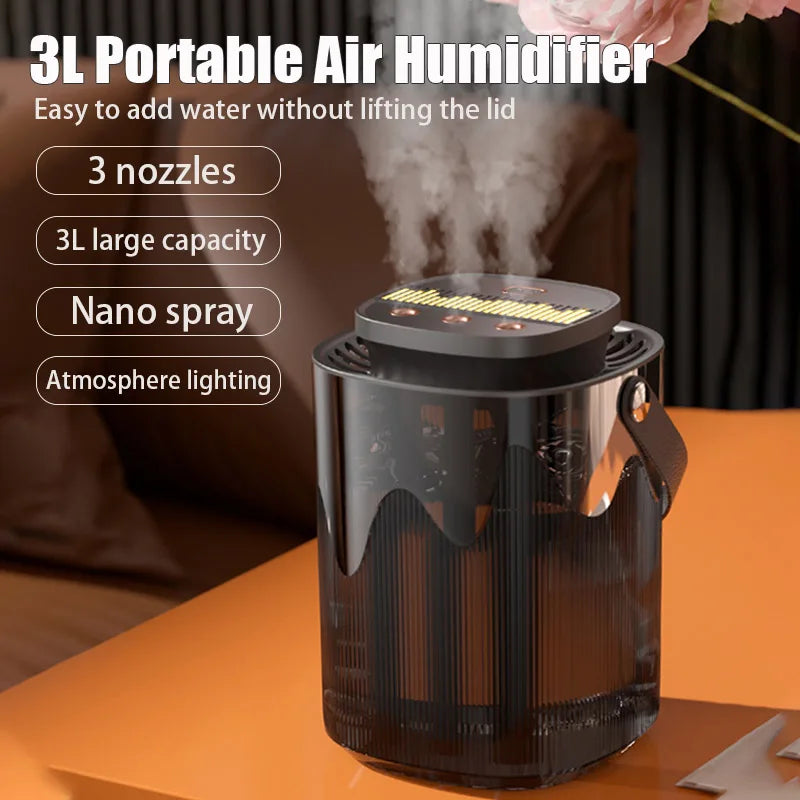 Humidificador de aire de 3L, difusor de Aroma pequeño portátil, 3 puertos de pulverización, humidificador usb de gran capacidad, máquina de niebla de aceite esencial para el hogar