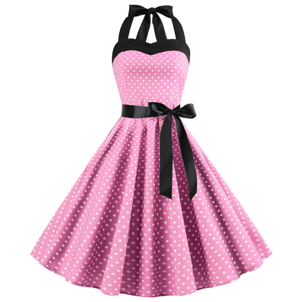 Elegante Vestido de Mujer con Estampado de Puntos, Estilo Hepburn de los Años 50 y 60, Vestido Vintage Sexy con Cuello Halter, Estilo Rockabilly Retro para Fiesta u Oficina, Vestido Pinup 2026