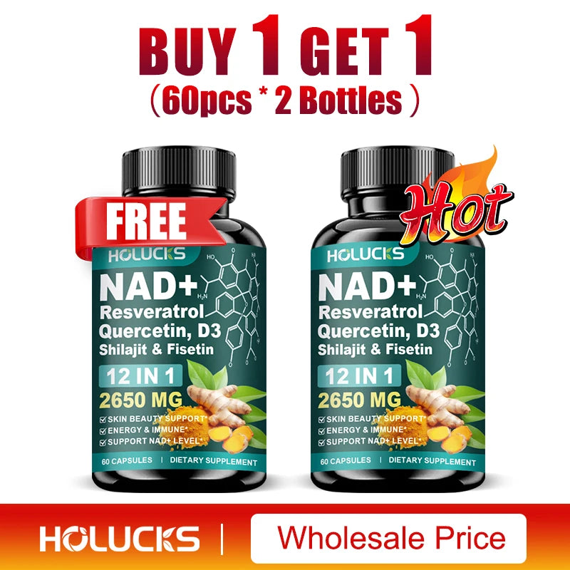 Cápsulas de NAD+ con Resveratrol, Suplemento 12 en 1, Mejora la Vitalidad Celular, Apoya la Energía y la Concentración, la Salud Inmunológica y de la Piel
