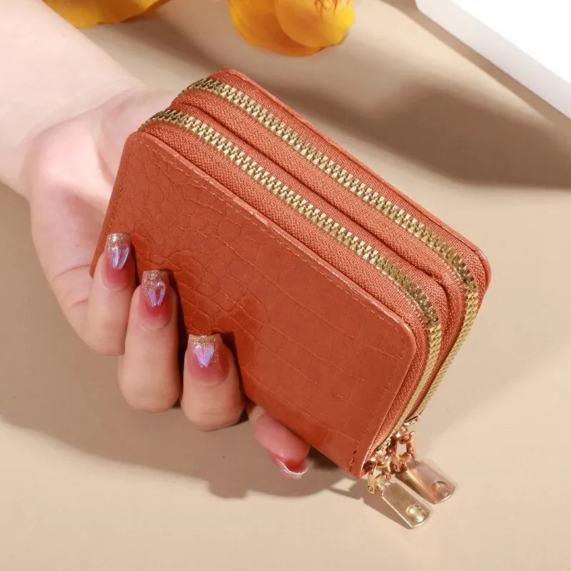 Cartera elegante para mujer con múltiples tarjetas: bolso de mano seguro con doble cremallera |   Monedero casual de cuero PU con bolso de tarjeta de cocodrilo de almacenamiento de estilo