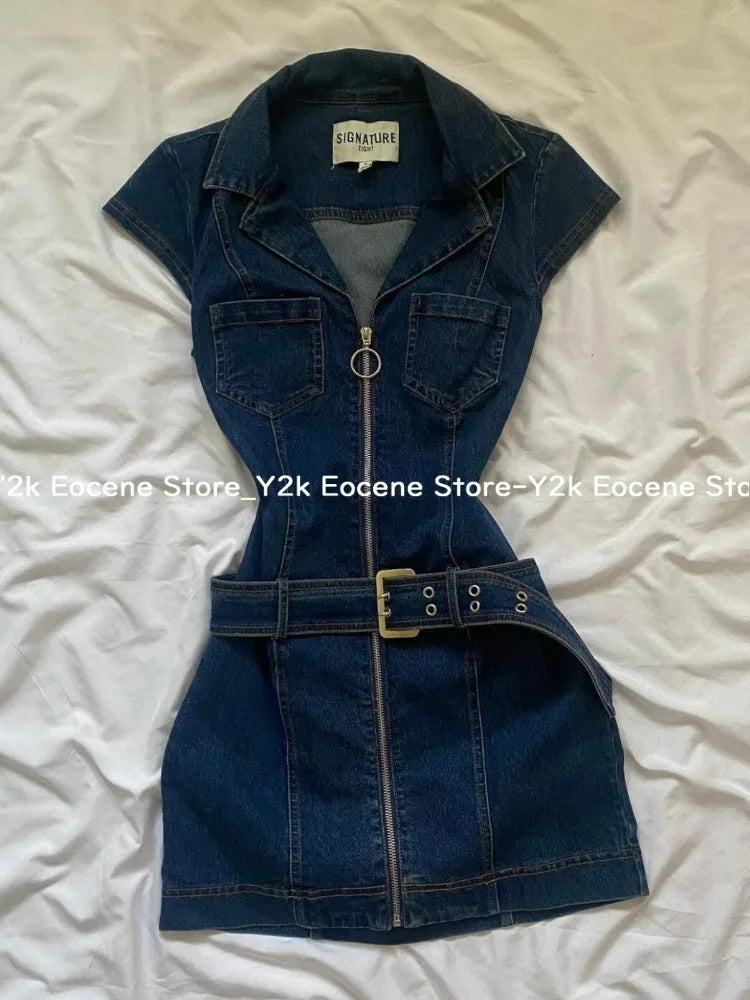 Vestido corto vaquero negro Retro americano para mujer, vestido elegante ajustado de una pieza con cremallera de verano, ropa informal de diseño de moda coreana