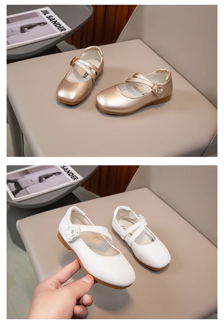 Zapatos de princesa para niñas, zapatos de cuero para niñas medianas y grandes, zapatos planos informales con flores florales para espectáculo de cumpleaños y bodas