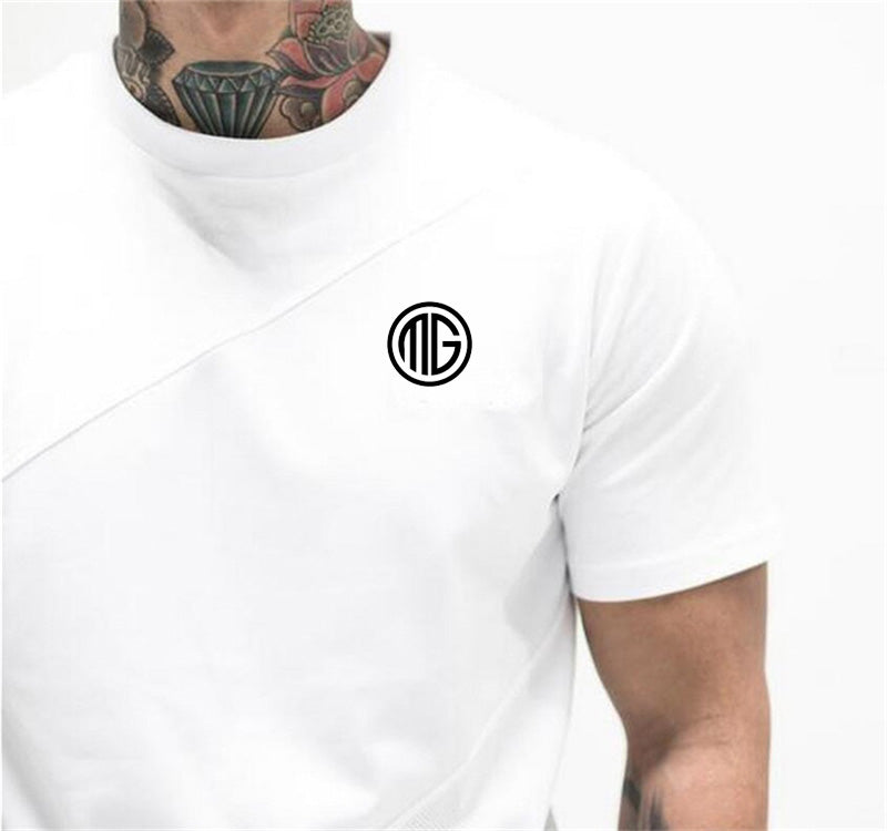 Camiseta musculosa para hombre, camisetas para gimnasio, culturismo, Fitness, Tops de algodón de retales, camiseta ajustada de malla, Camiseta deportiva de algodón de manga corta