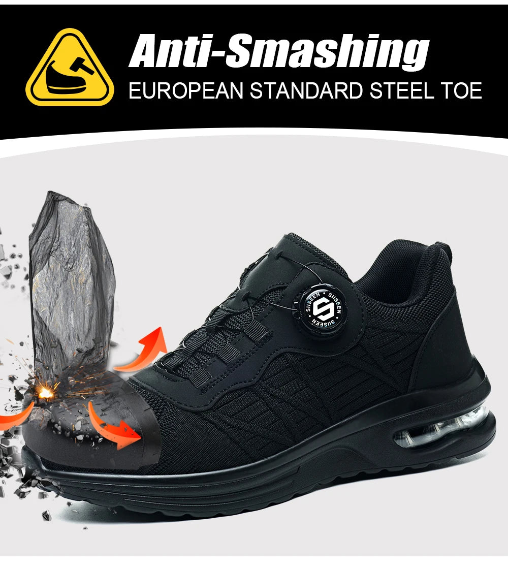 Nuevos zapatos de seguridad con hebilla giratoria para hombre, botas de trabajo ligeras antiimpacto y antiperforación, diseño deportivo de moda para exteriores profesionales