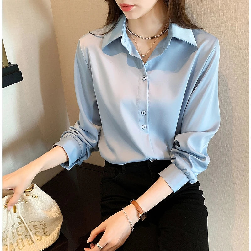 Camisas de talla grande, moda Primavera Verano, blusa holgada de manga larga para mujer, Tops informales de gasa, camisas de oficina para mujer