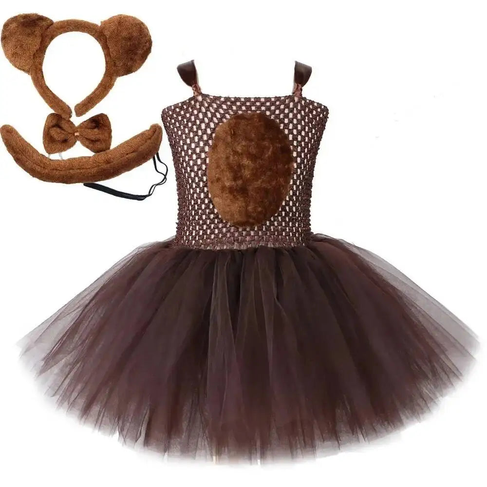 Vestido tutú de oso marrón para niñas, disfraz de Animal de Halloween, traje de Navidad y cumpleaños para niños, ropa para niños con orejas y cola de lazo