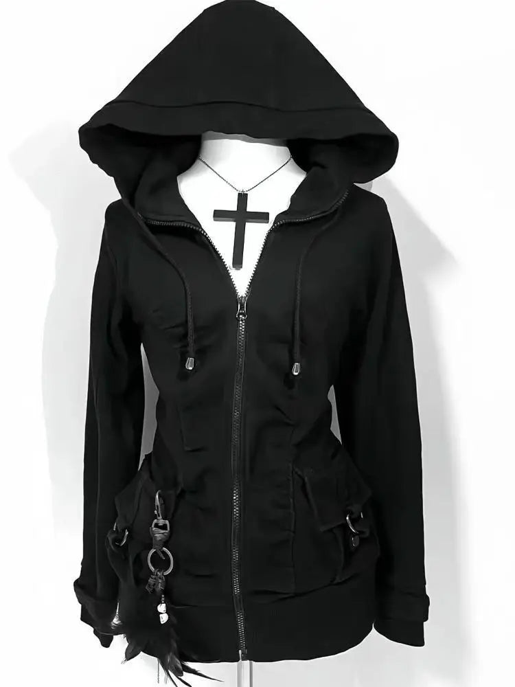 Sudadera con capucha informal para mujer, sudaderas góticas Retro, estilo Punk Hip Hop, cárdigan multifuncional de calle alta, nueva tendencia, color negro