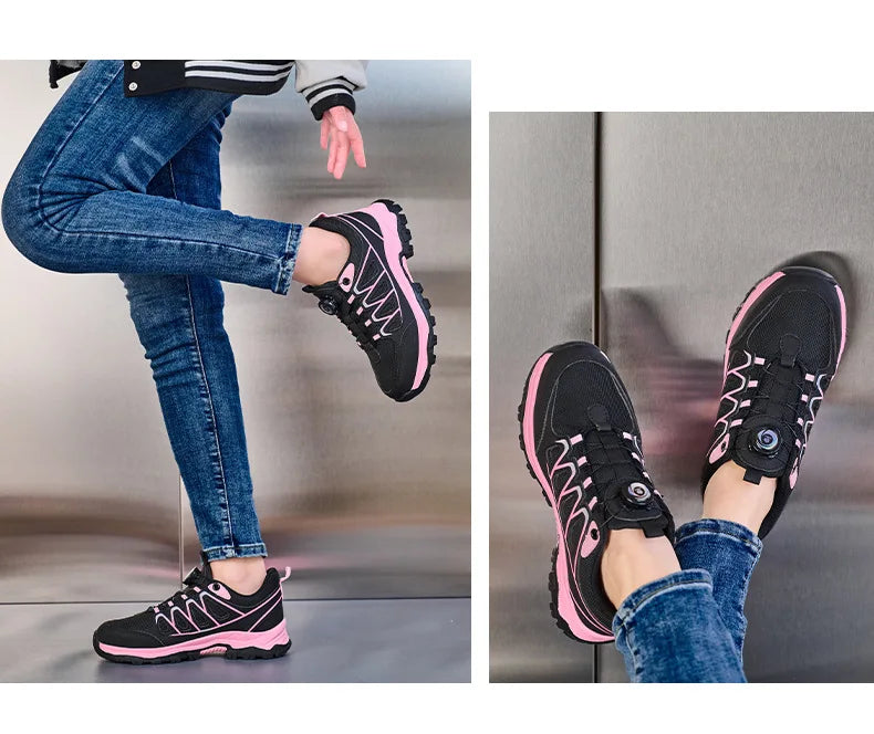 Zapatos de seguridad para el trabajo para mujer, zapatillas de trabajo con punta de acero, botón giratorio, transpirables, antideslizantes, protección a prueba de pinchazos, botas de seguridad rosas