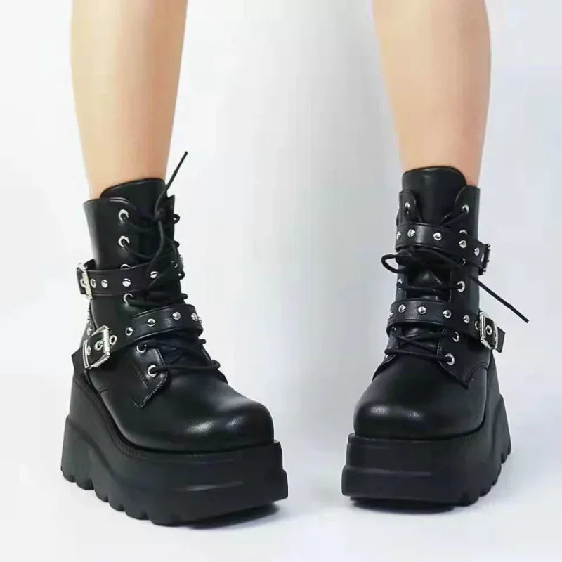 Nuevos botines de cuero Pu para mujer, Otoño Invierno, zapatos con cordones y punta redonda, botas góticas con plataforma para motocicleta para mujer, Cosplay