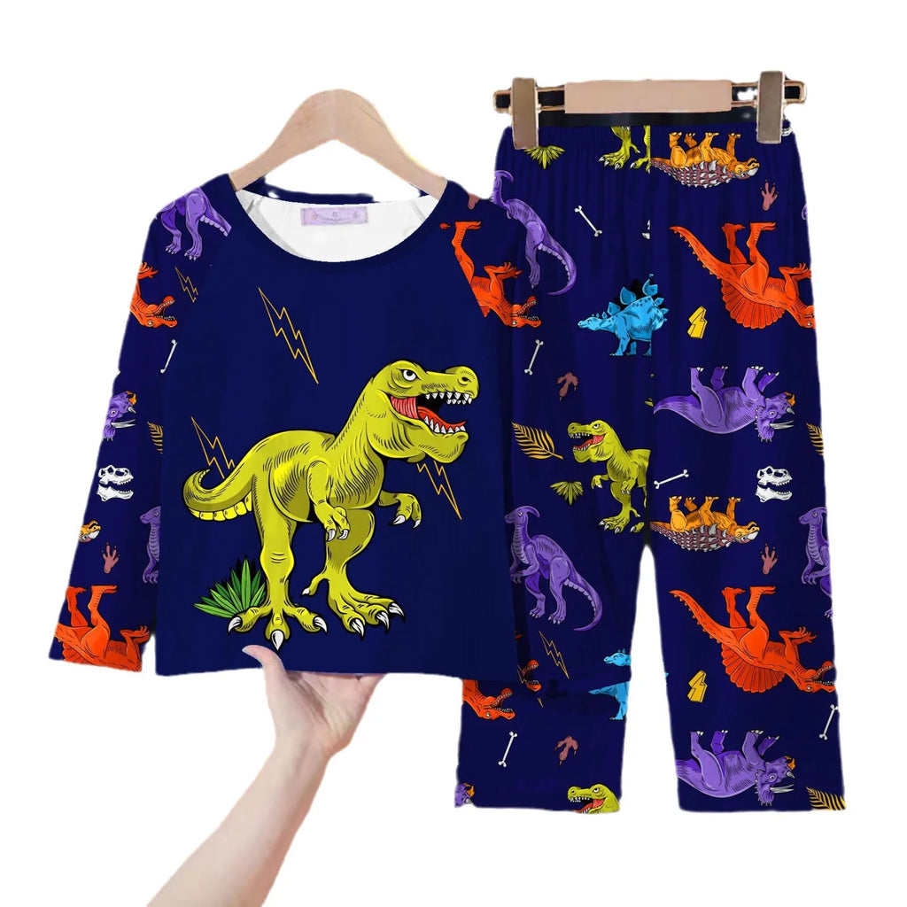 Pijamas con estampado de dinosaurio para niños, conjunto de pantalones de manga larga, ropa de casa de seda de leche, 2 piezas, Moda de Primavera, ropa informal fresca para bebés, nuevo, otoño
