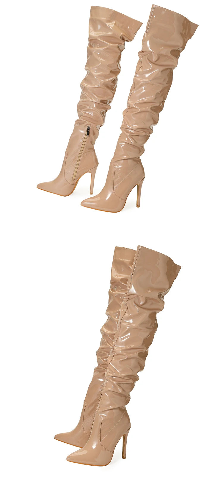 Eilyken-Botas por encima de la rodilla plisadas de charol para mujer, zapatos hasta el muslo con cremallera y punta estrecha, a la moda, alta calidad