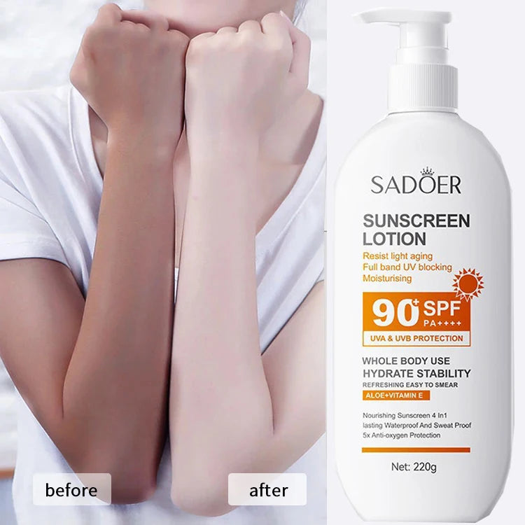 Loción solar súper 220ml con vitamina E para el cuerpo y la cara SPF 90 PA++++ Uso del cuerpo entero Protege + Hidratación
