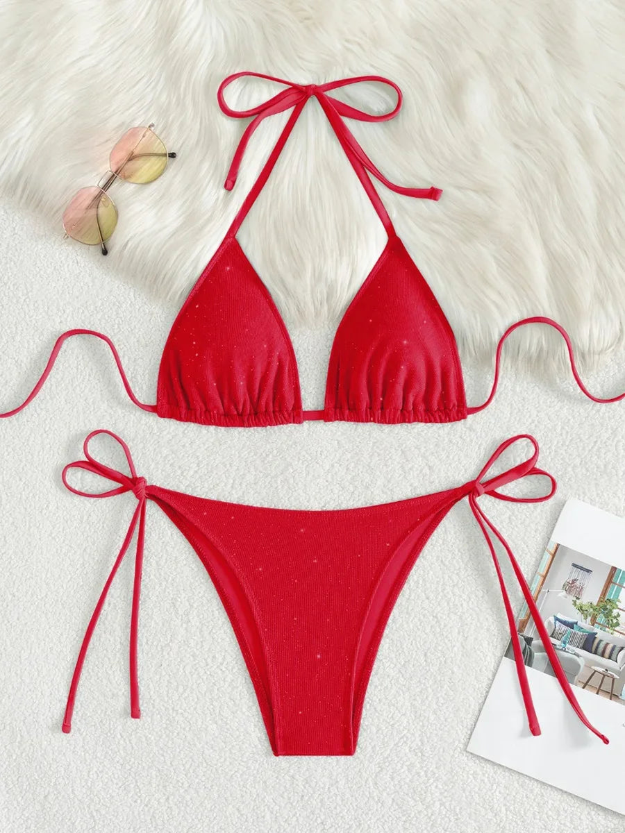 Bikini brillante con tiras y cuello Halter, Bikinis de corte alto para mujer, traje de baño para mujer, conjunto de Bikini de dos piezas, traje de baño 2025