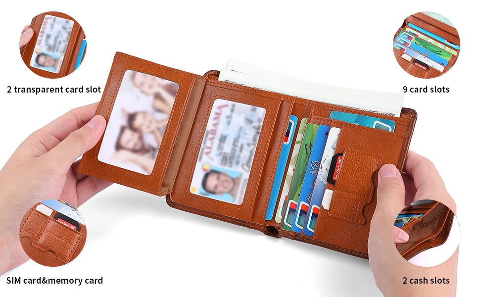 GERUOLA Cartera delgada de cuero genuino con protección RFID para hombre, tarjetero multifuncional para identificación y tarjeta de crédito, color marrón oscuro con adornos