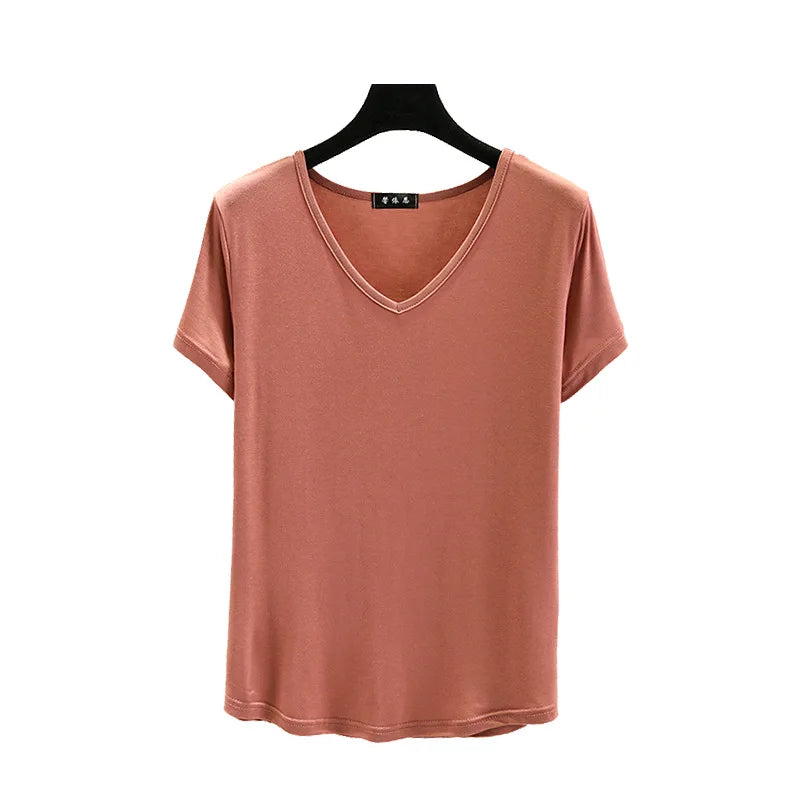 Camiseta de Modal con cuello en V para mujer, camisetas de fondo fino, camisetas holgadas de talla grande, ropa de calle, Top básico