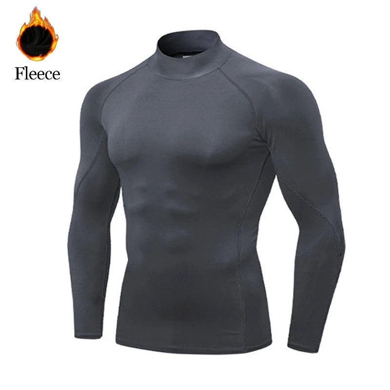 Camisa deportiva de lana de invierno para hombre, camisa de compresión de cuello alto, Top de entrenamiento de manga larga, camiseta interior de alta elasticidad