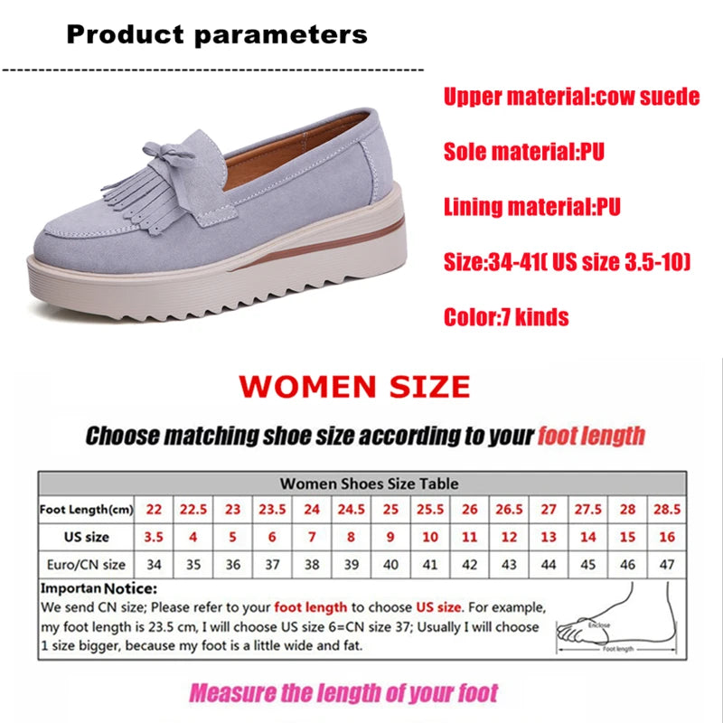 WOIZGIC, zapatos de piel de ante vacuno para mujer, zapatos planos con plataforma y flecos antideslizantes para otoño, zapatos vulcanizados Nowknot