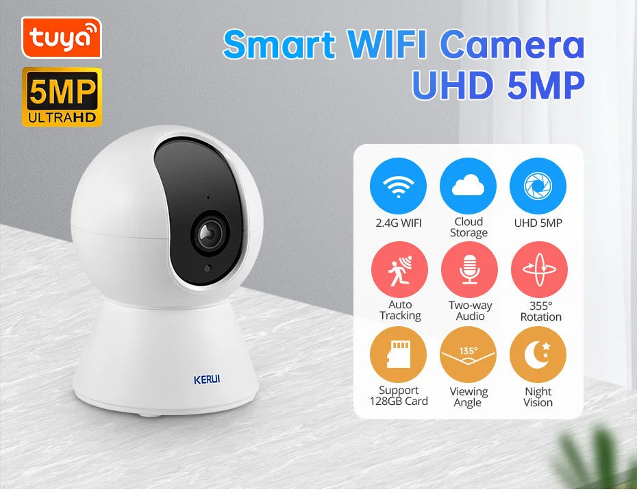 KERUI-minicámara IP inteligente Tuya de 5MP, videocámara inalámbrica para interiores, con WiFi, detección humana de IA, vigilancia CCTV, Monitor de bebé