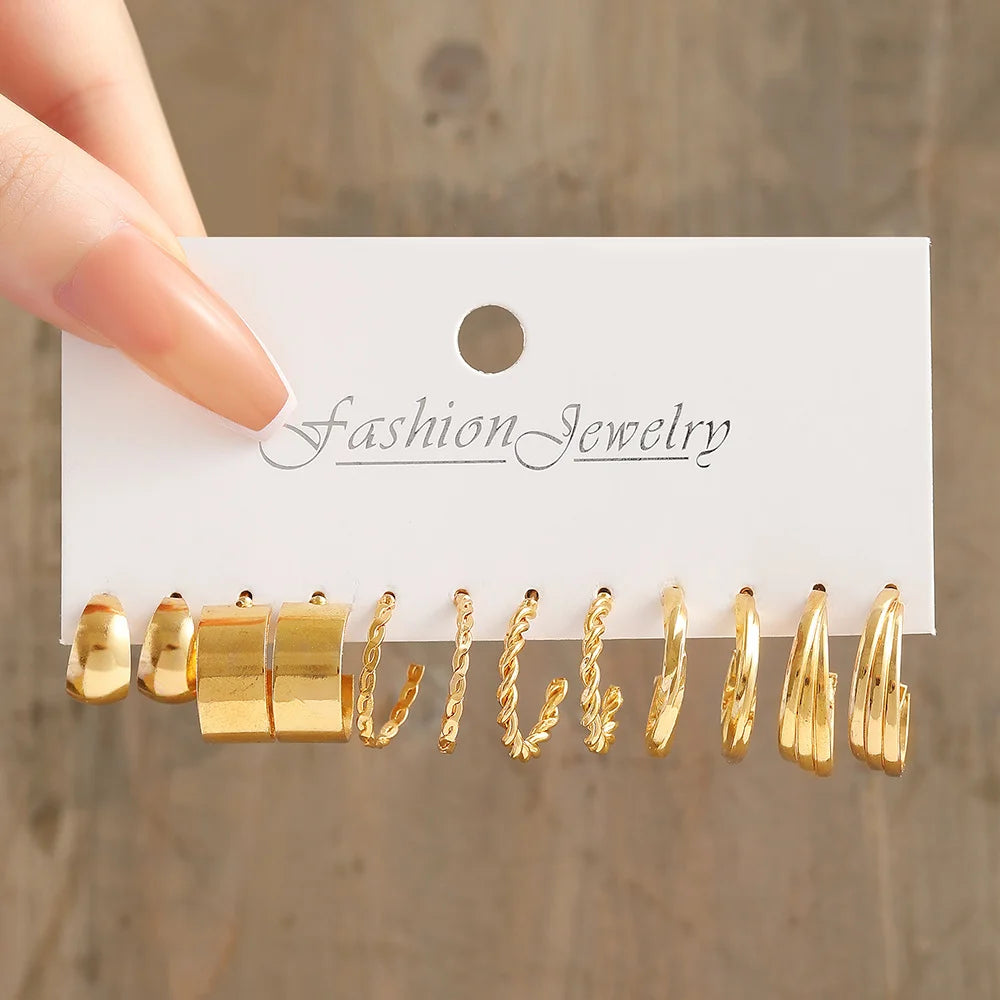 6/24 pares de pendientes de aro Vintage de Color dorado para mujer y niña, pendientes giratorios de Metal geométricos con perlas de imitación, joyería de moda
