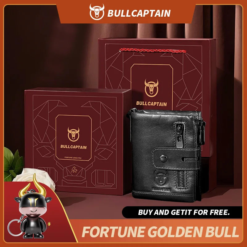 Cartera Bullcaptain de cuero genuino para hombre, monedero de viaje de calidad a la moda, protección Rfid, tarjetero Wollst para hombre con cadena