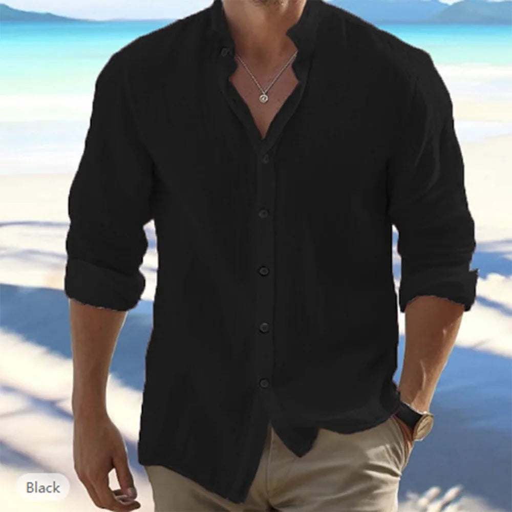 Camisas de manga larga para hombre, gran oferta de lino y algodón, Color sólido, cuello levantado, estilo informal de playa de talla grande, verano