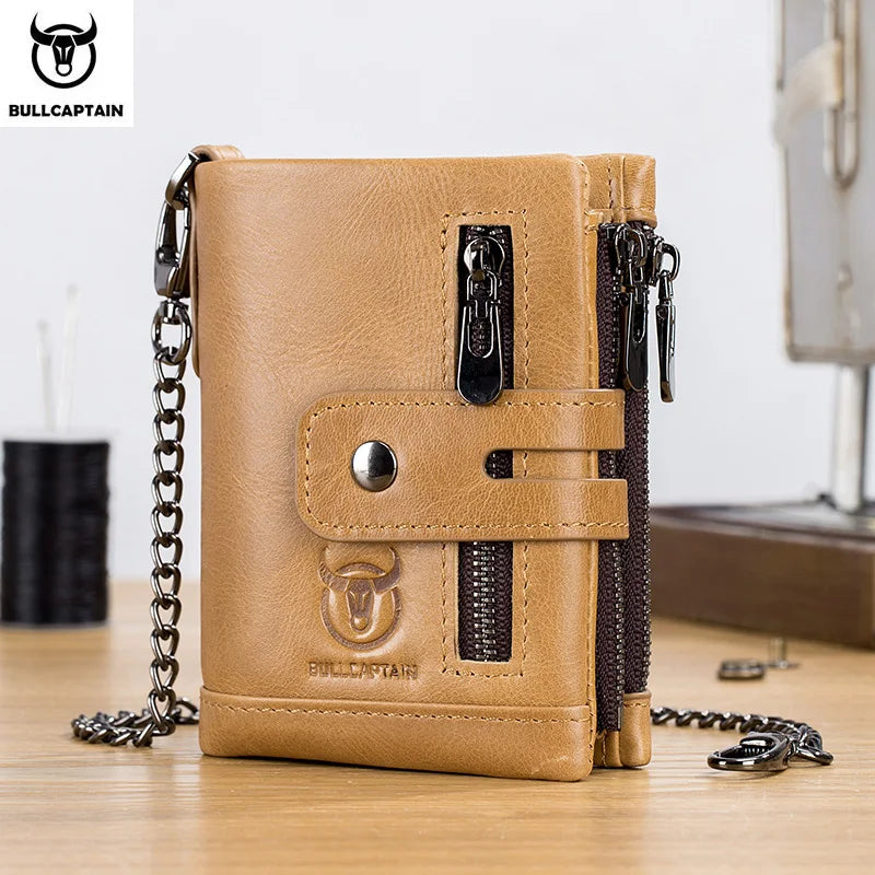 Cartera Bullcaptain de cuero genuino para hombre, monedero de viaje de calidad a la moda, protección Rfid, tarjetero Wollst para hombre con cadena