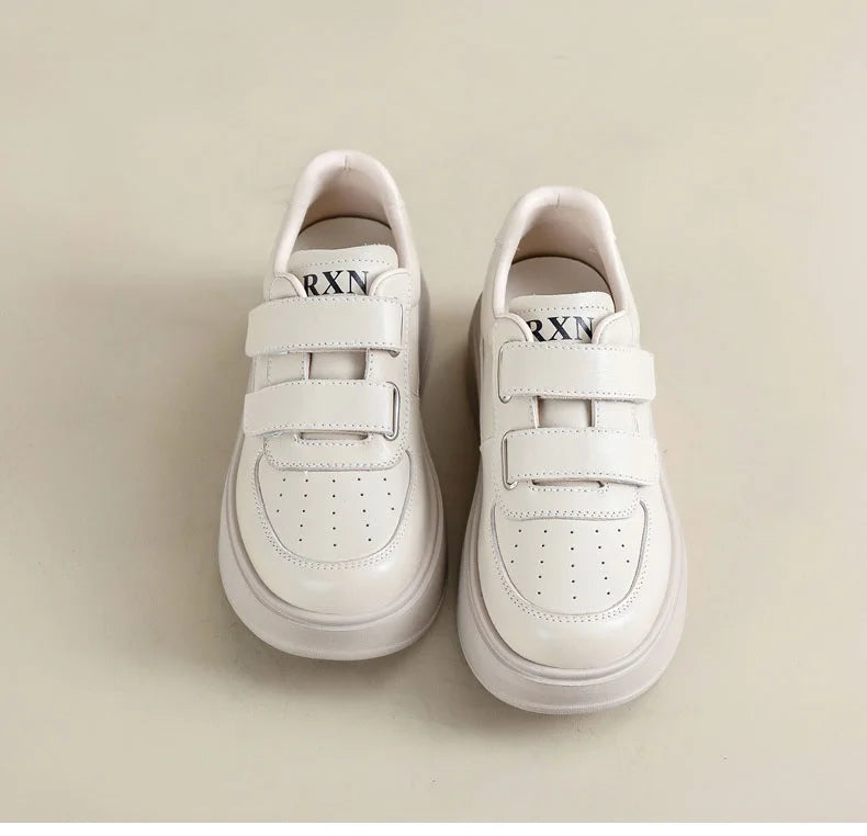DRKANOL, zapatos de plataforma con suela gruesa y aumento de altura, zapatillas informales de cuero genuino para mujer, zapatos de tabla con gancho y bucle para mujer, color blanco