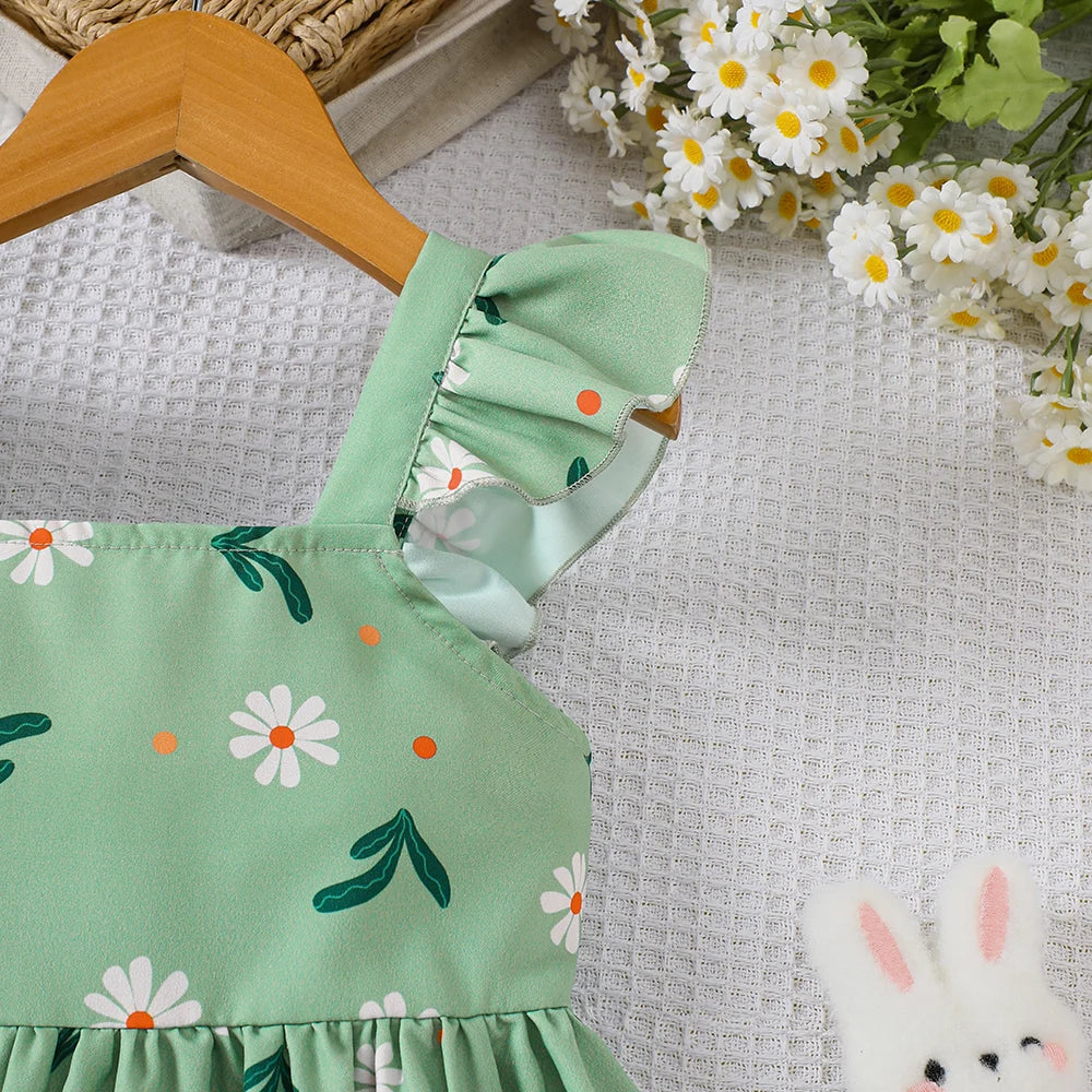 Vestido de verano para niña con estampado de plantas y mangas con mosca pequeña