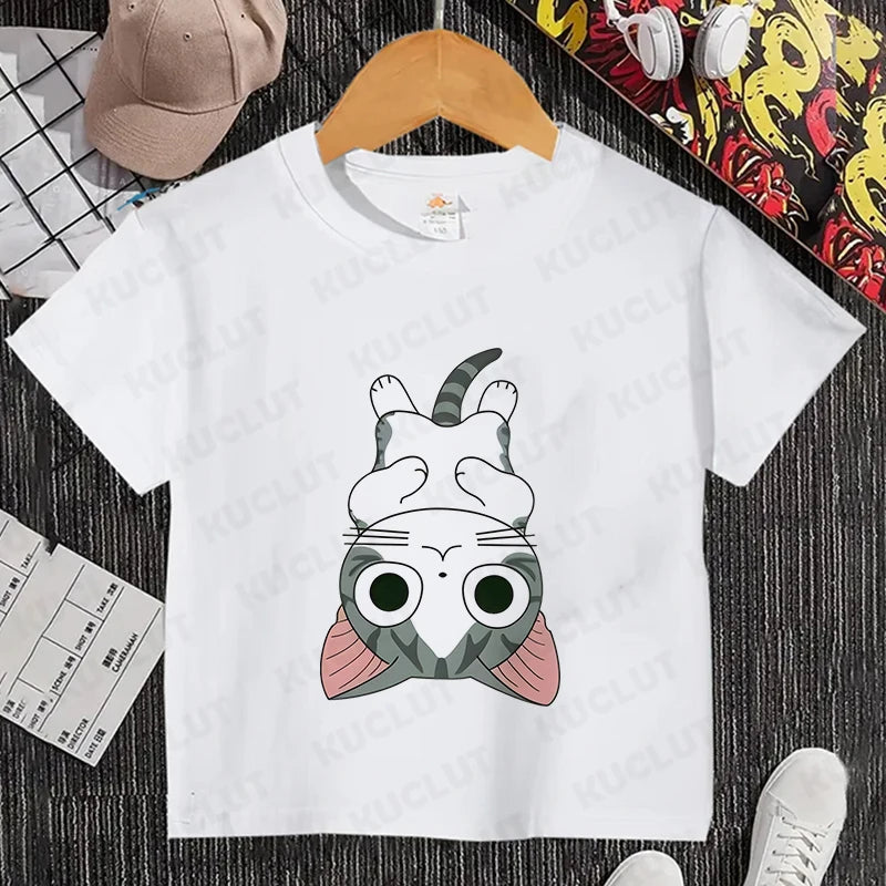 Camiseta con estampado de gato para niños y niñas, camiseta de dibujos animados, camiseta informal de manga corta, ropa cómoda y divertida para verano